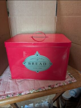 Red Metal Bread Box with Lid and Handle
